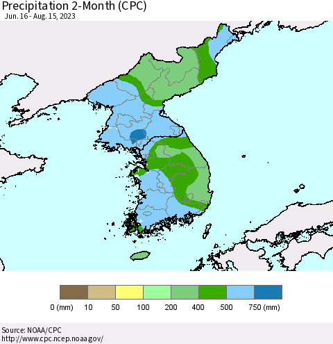 Korea Precipitation 2-Month (CPC) Thematic Map For 6/16/2023 - 8/15/2023
