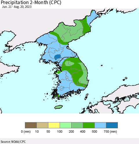 Korea Precipitation 2-Month (CPC) Thematic Map For 6/21/2023 - 8/20/2023