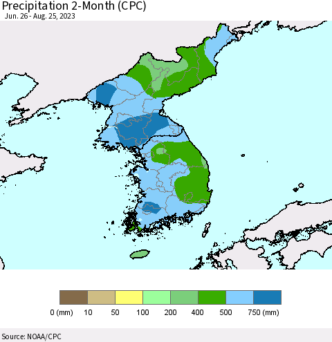 Korea Precipitation 2-Month (CPC) Thematic Map For 6/26/2023 - 8/25/2023