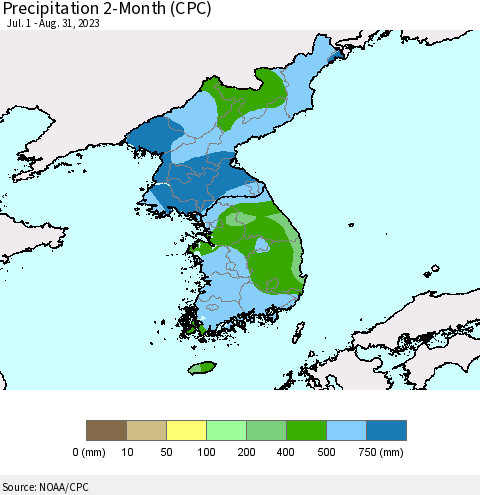 Korea Precipitation 2-Month (CPC) Thematic Map For 7/1/2023 - 8/31/2023
