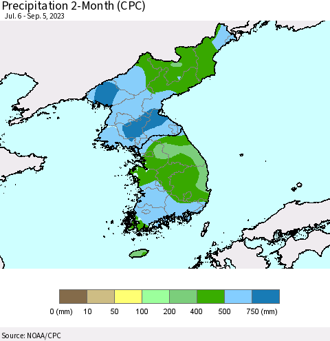 Korea Precipitation 2-Month (CPC) Thematic Map For 7/6/2023 - 9/5/2023