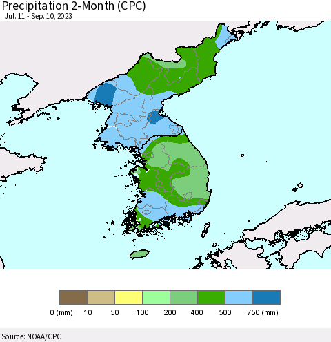 Korea Precipitation 2-Month (CPC) Thematic Map For 7/11/2023 - 9/10/2023