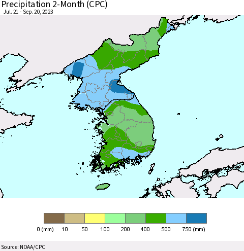 Korea Precipitation 2-Month (CPC) Thematic Map For 7/21/2023 - 9/20/2023