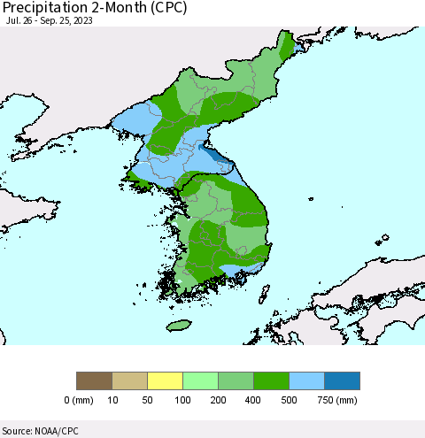 Korea Precipitation 2-Month (CPC) Thematic Map For 7/26/2023 - 9/25/2023