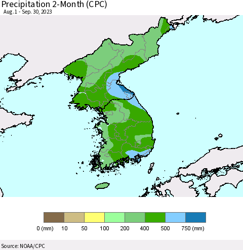 Korea Precipitation 2-Month (CPC) Thematic Map For 8/1/2023 - 9/30/2023
