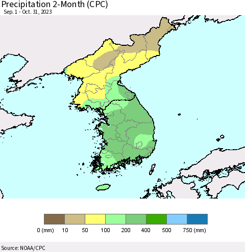 Korea Precipitation 2-Month (CPC) Thematic Map For 9/1/2023 - 10/31/2023