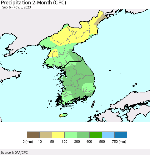 Korea Precipitation 2-Month (CPC) Thematic Map For 9/6/2023 - 11/5/2023