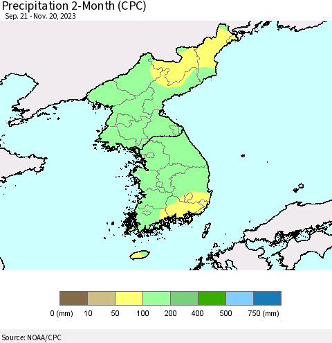 Korea Precipitation 2-Month (CPC) Thematic Map For 9/21/2023 - 11/20/2023