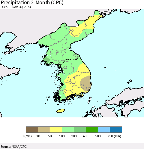 Korea Precipitation 2-Month (CPC) Thematic Map For 10/1/2023 - 11/30/2023
