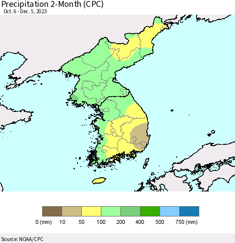 Korea Precipitation 2-Month (CPC) Thematic Map For 10/6/2023 - 12/5/2023