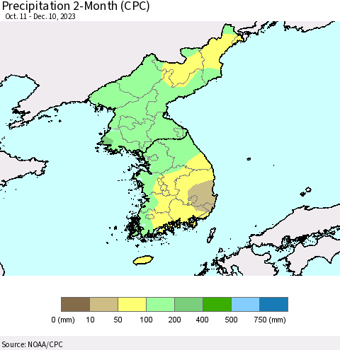 Korea Precipitation 2-Month (CPC) Thematic Map For 10/11/2023 - 12/10/2023