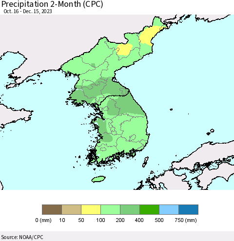 Korea Precipitation 2-Month (CPC) Thematic Map For 10/16/2023 - 12/15/2023