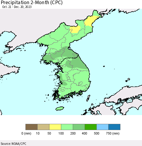 Korea Precipitation 2-Month (CPC) Thematic Map For 10/21/2023 - 12/20/2023