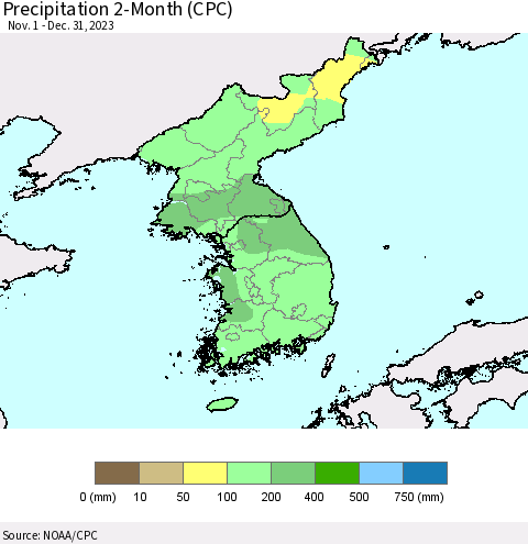 Korea Precipitation 2-Month (CPC) Thematic Map For 11/1/2023 - 12/31/2023
