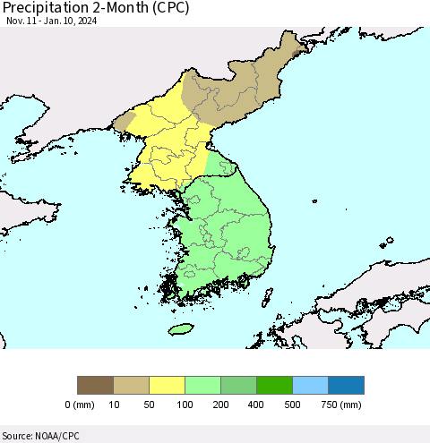 Korea Precipitation 2-Month (CPC) Thematic Map For 11/11/2023 - 1/10/2024