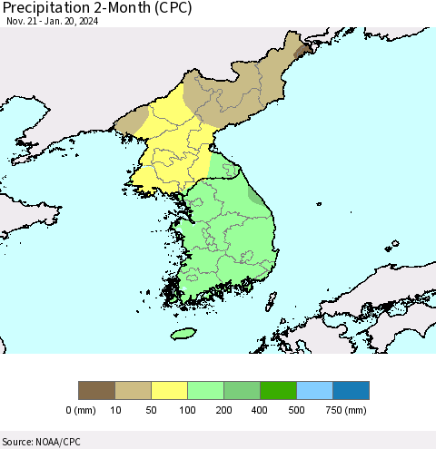 Korea Precipitation 2-Month (CPC) Thematic Map For 11/21/2023 - 1/20/2024