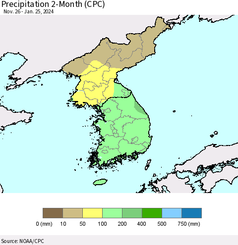 Korea Precipitation 2-Month (CPC) Thematic Map For 11/26/2023 - 1/25/2024