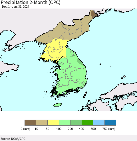 Korea Precipitation 2-Month (CPC) Thematic Map For 12/1/2023 - 1/31/2024