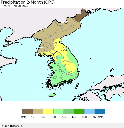 Korea Precipitation 2-Month (CPC) Thematic Map For 12/21/2023 - 2/20/2024
