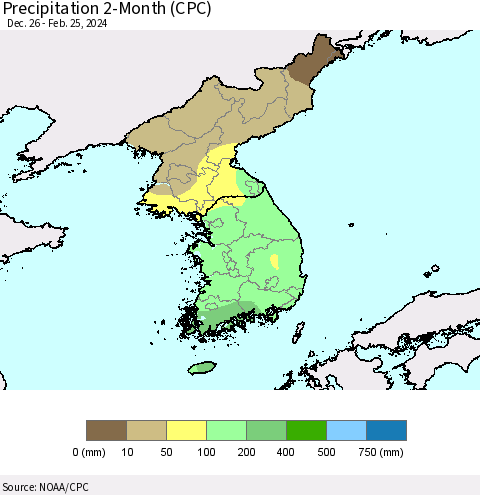 Korea Precipitation 2-Month (CPC) Thematic Map For 12/26/2023 - 2/25/2024