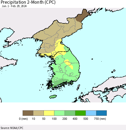 Korea Precipitation 2-Month (CPC) Thematic Map For 1/1/2024 - 2/29/2024