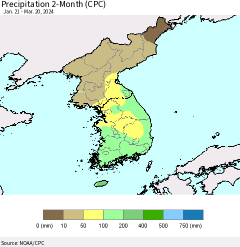 Korea Precipitation 2-Month (CPC) Thematic Map For 1/21/2024 - 3/20/2024