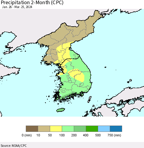 Korea Precipitation 2-Month (CPC) Thematic Map For 1/26/2024 - 3/25/2024
