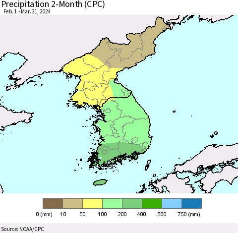 Korea Precipitation 2-Month (CPC) Thematic Map For 2/1/2024 - 3/31/2024