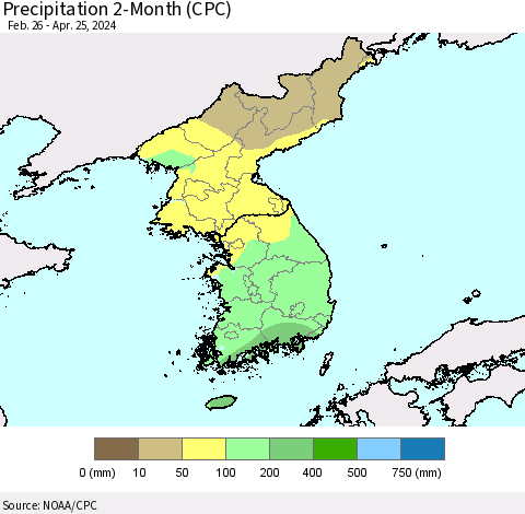 Korea Precipitation 2-Month (CPC) Thematic Map For 2/26/2024 - 4/25/2024