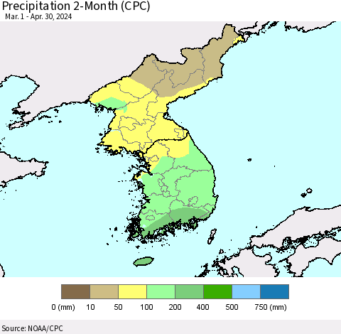 Korea Precipitation 2-Month (CPC) Thematic Map For 3/1/2024 - 4/30/2024