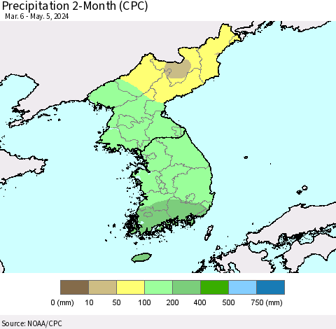 Korea Precipitation 2-Month (CPC) Thematic Map For 3/6/2024 - 5/5/2024