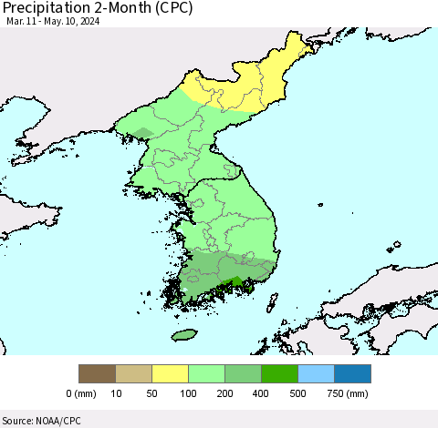 Korea Precipitation 2-Month (CPC) Thematic Map For 3/11/2024 - 5/10/2024