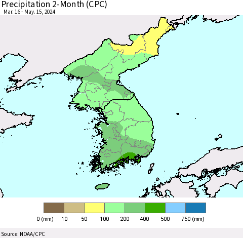 Korea Precipitation 2-Month (CPC) Thematic Map For 3/16/2024 - 5/15/2024