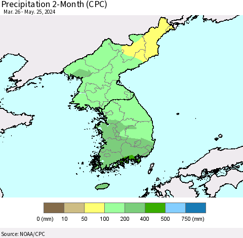 Korea Precipitation 2-Month (CPC) Thematic Map For 3/26/2024 - 5/25/2024