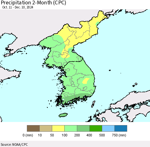 Korea Precipitation 2-Month (CPC) Thematic Map For 10/11/2024 - 12/10/2024