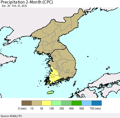 Korea Precipitation 2-Month (CPC) Thematic Map For 12/26/2024 - 2/25/2025