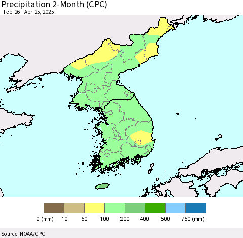 Korea Precipitation 2-Month (CPC) Thematic Map For 2/26/2025 - 4/25/2025