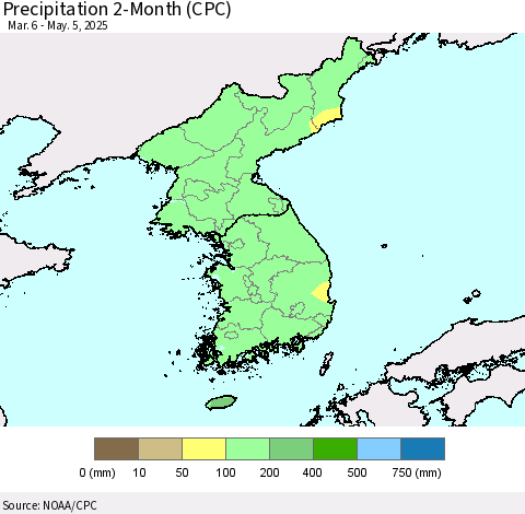 Korea Precipitation 2-Month (CPC) Thematic Map For 3/6/2025 - 5/5/2025