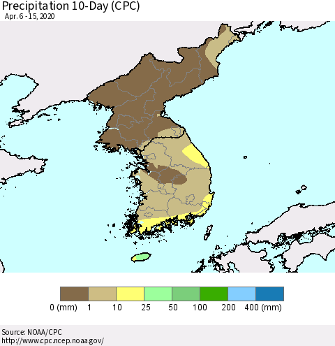 Korea Precipitation 10-Day (CPC) Thematic Map For 4/6/2020 - 4/15/2020
