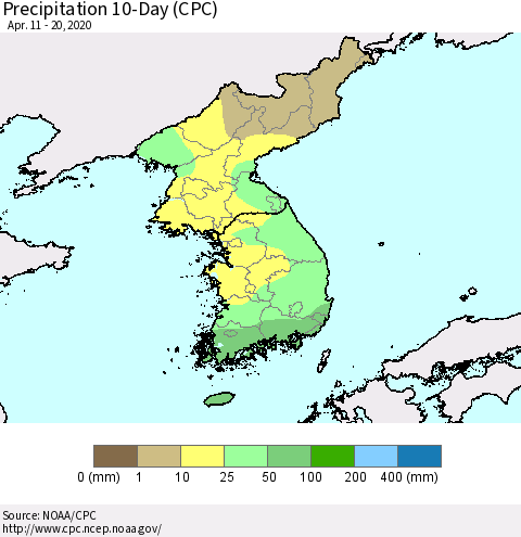 Korea Precipitation 10-Day (CPC) Thematic Map For 4/11/2020 - 4/20/2020