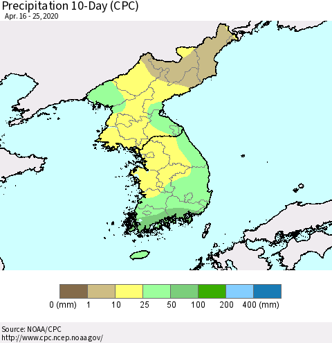 Korea Precipitation 10-Day (CPC) Thematic Map For 4/16/2020 - 4/25/2020