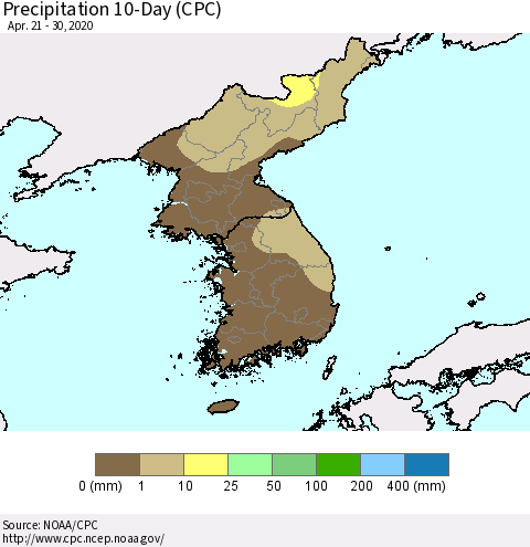 Korea Precipitation 10-Day (CPC) Thematic Map For 4/21/2020 - 4/30/2020