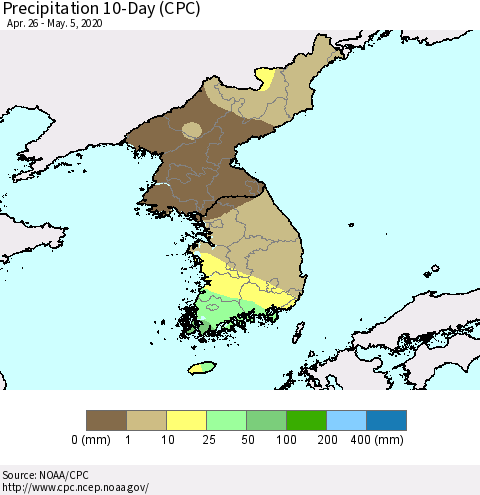 Korea Precipitation 10-Day (CPC) Thematic Map For 4/26/2020 - 5/5/2020