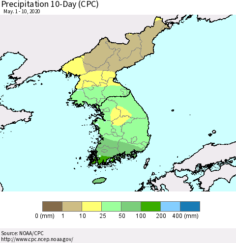 Korea Precipitation 10-Day (CPC) Thematic Map For 5/1/2020 - 5/10/2020