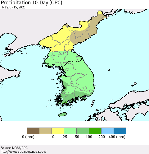 Korea Precipitation 10-Day (CPC) Thematic Map For 5/6/2020 - 5/15/2020