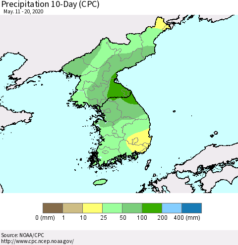 Korea Precipitation 10-Day (CPC) Thematic Map For 5/11/2020 - 5/20/2020