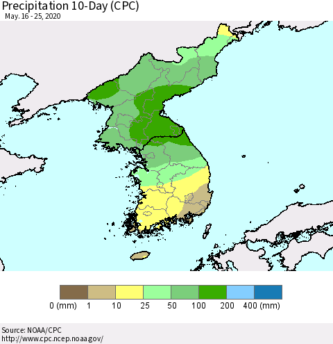 Korea Precipitation 10-Day (CPC) Thematic Map For 5/16/2020 - 5/25/2020