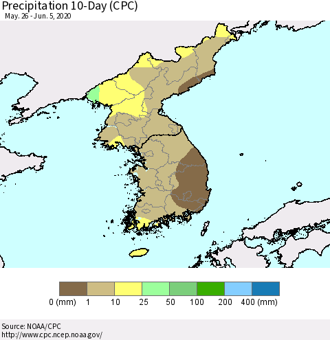 Korea Precipitation 10-Day (CPC) Thematic Map For 5/26/2020 - 6/5/2020