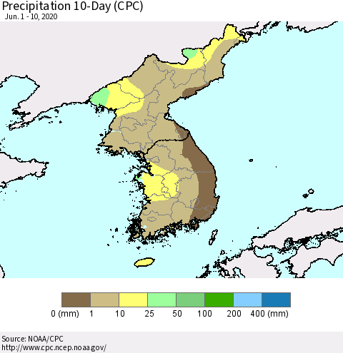 Korea Precipitation 10-Day (CPC) Thematic Map For 6/1/2020 - 6/10/2020