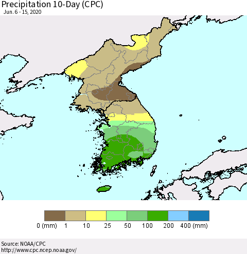 Korea Precipitation 10-Day (CPC) Thematic Map For 6/6/2020 - 6/15/2020